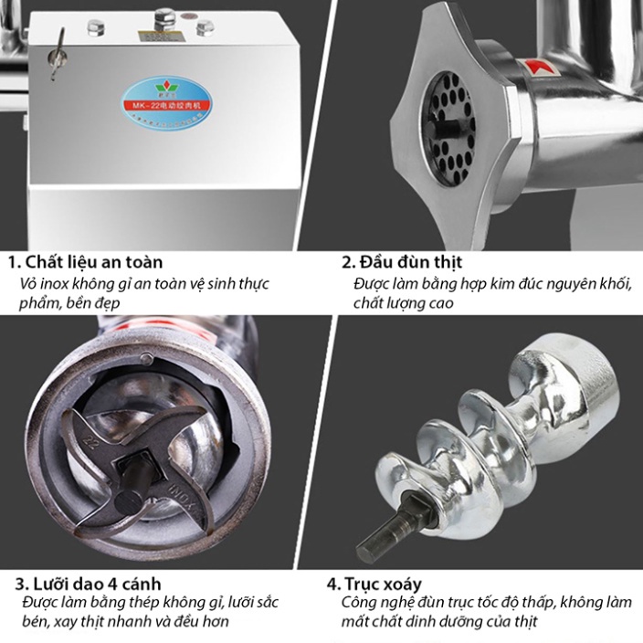 Máy đùn thịt xay thịt cá công nghiệp INOX động cơ lõi đồng 850W năng suất 150kg/h