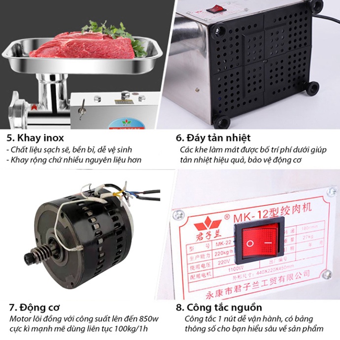 Máy đùn thịt xay thịt cá công nghiệp INOX động cơ lõi đồng 850W năng suất 150kg/h