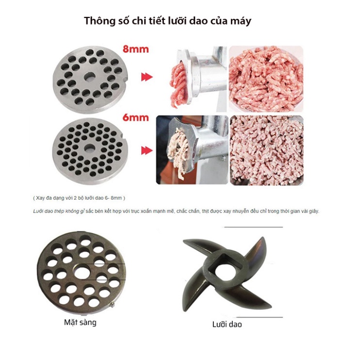 Máy đùn thịt xay thịt cá công nghiệp INOX động cơ lõi đồng 850W năng suất 150kg/h