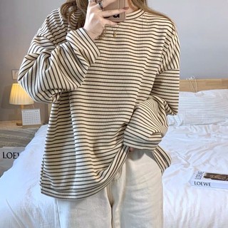 Áo Thun Thu Đông Nữ Dài Tay Kẻ Ngang Chất Len Hàn Form Rộng Kiểu Dáng Basic Unisex Phong Cách Hàn Quốc