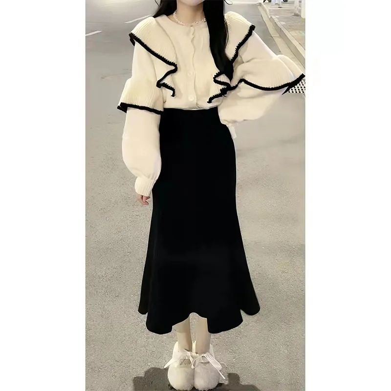 Set Chân Váy Đuôi Cá Và Áo Len Nhún Bèo Phong Cách Hàn Quốc Thời Trang Mùa Thu Cho Nữ