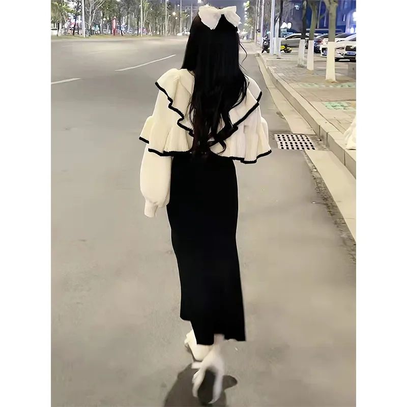 Set Chân Váy Đuôi Cá Và Áo Len Nhún Bèo Phong Cách Hàn Quốc Thời Trang Mùa Thu Cho Nữ