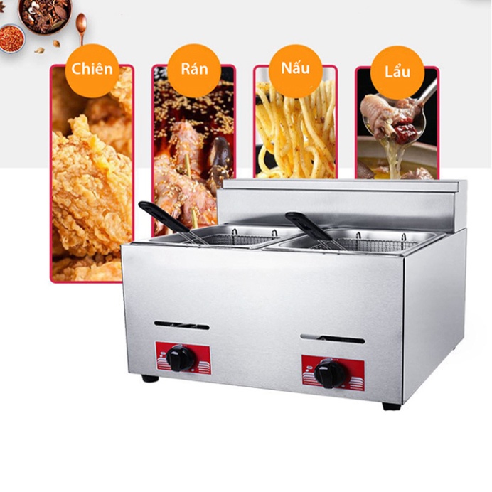 Bếp chiên nhúng dầu đôi dùng Gas dung tích 12L nhiệt 60-300 độ