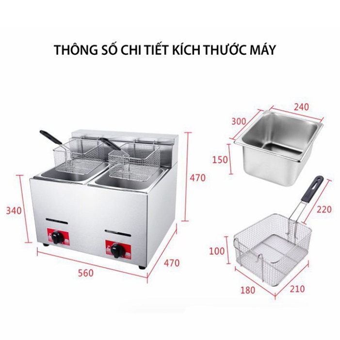 Bếp chiên nhúng dầu đôi dùng Gas dung tích 12L nhiệt 60-300 độ