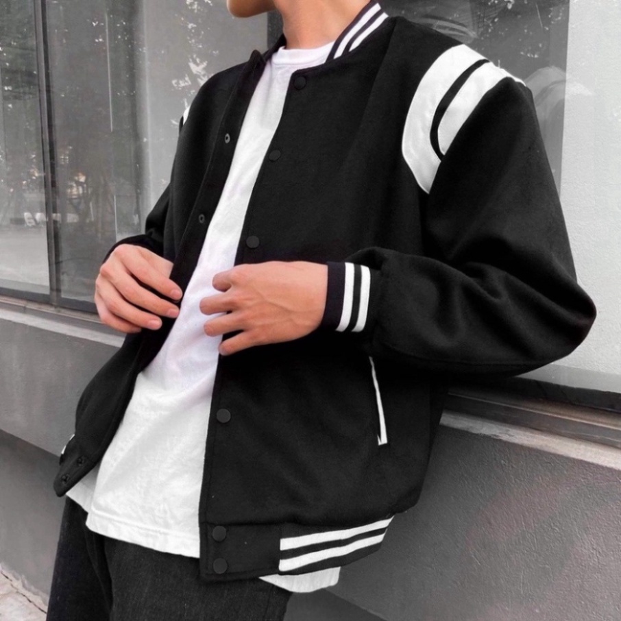 Áo Bomber Teddy SAINT LẢUENT PARIS Đen Tay Viền Trắng, Áo Khoác Bomber Đen Trắng Nỉ