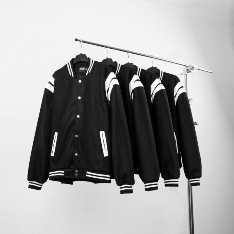 Áo Bomber Teddy SAINT LẢUENT PARIS Đen Tay Viền Trắng, Áo Khoác Bomber Đen Trắng Nỉ