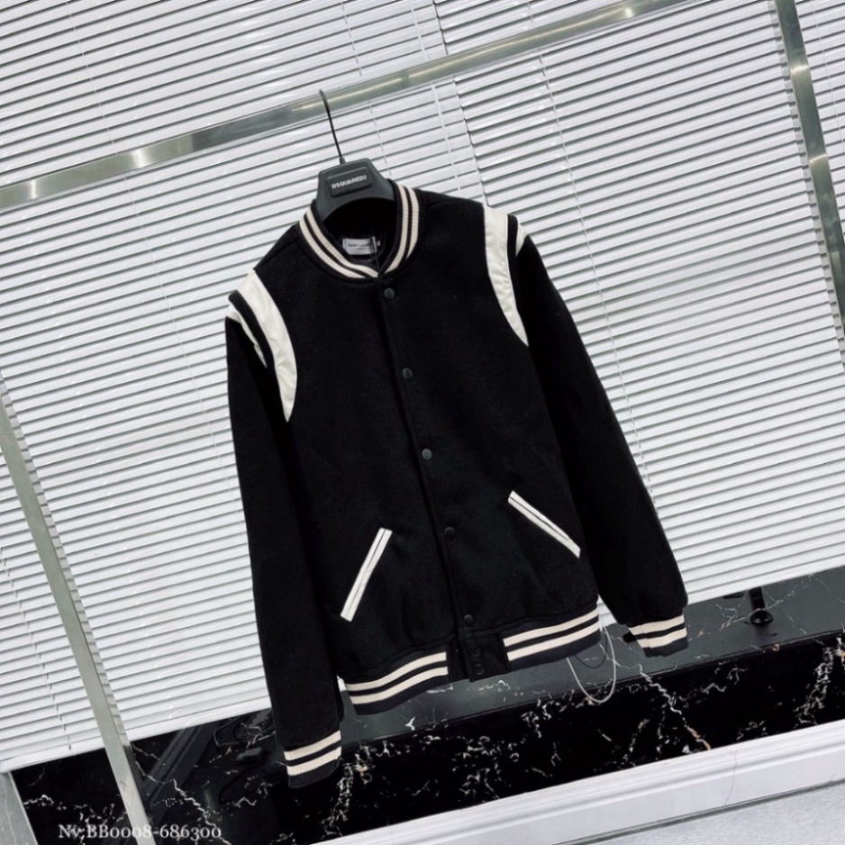Áo Bomber Teddy SAINT LẢUENT PARIS Đen Tay Viền Trắng, Áo Khoác Bomber Đen Trắng Nỉ