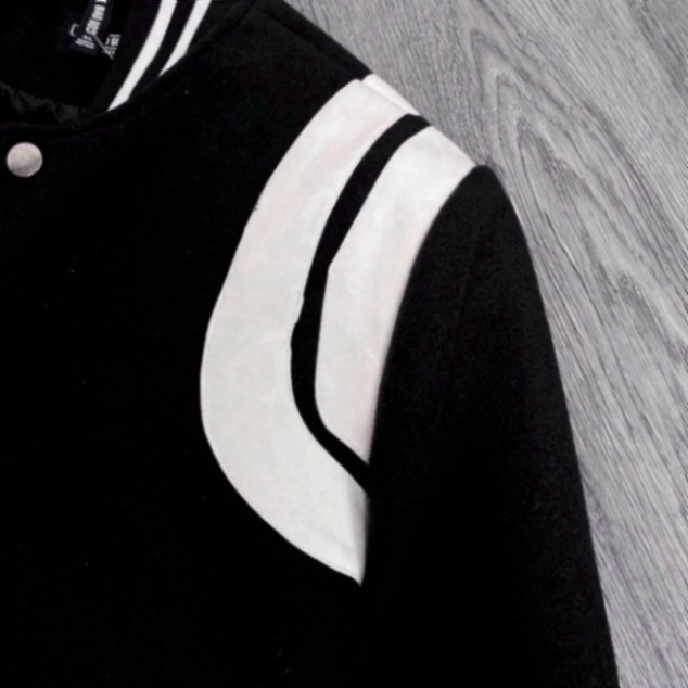 Áo Bomber Teddy SAINT LẢUENT PARIS Đen Tay Viền Trắng, Áo Khoác Bomber Đen Trắng Nỉ