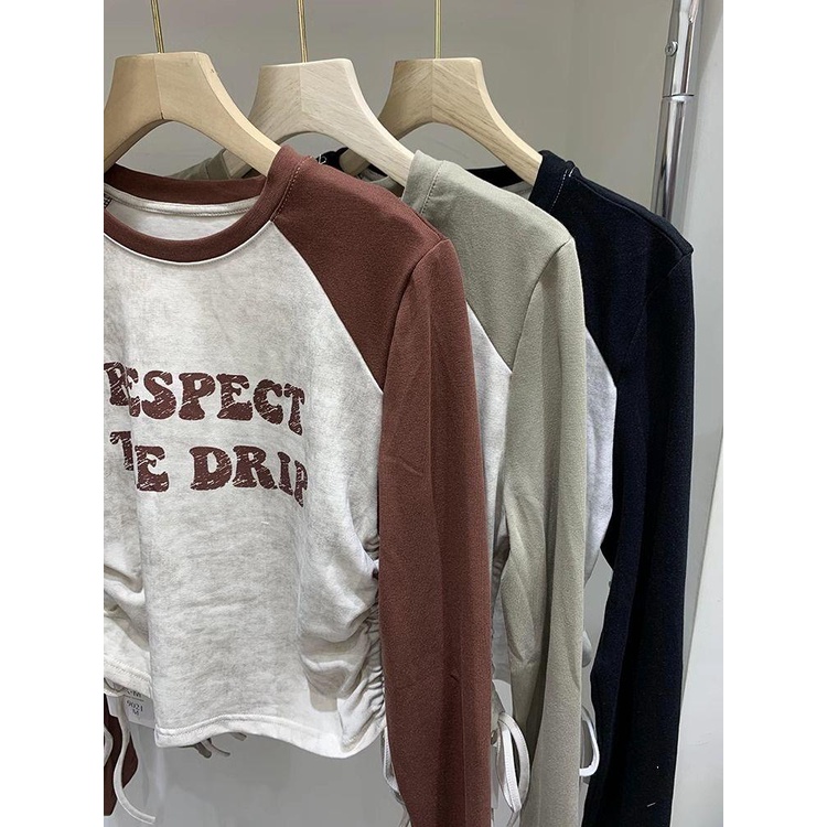 Áo Thun cotton Tay Dài Dáng Ôm Phối Dây Rút In Chữ Thời Trang Xuân Thu Cho Nữ