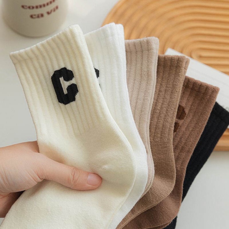 Tất vớ nam nữ cổ cao họa tiết chữ C basic, chất liệu cotton co giãn thoáng khí - Cherry Shop