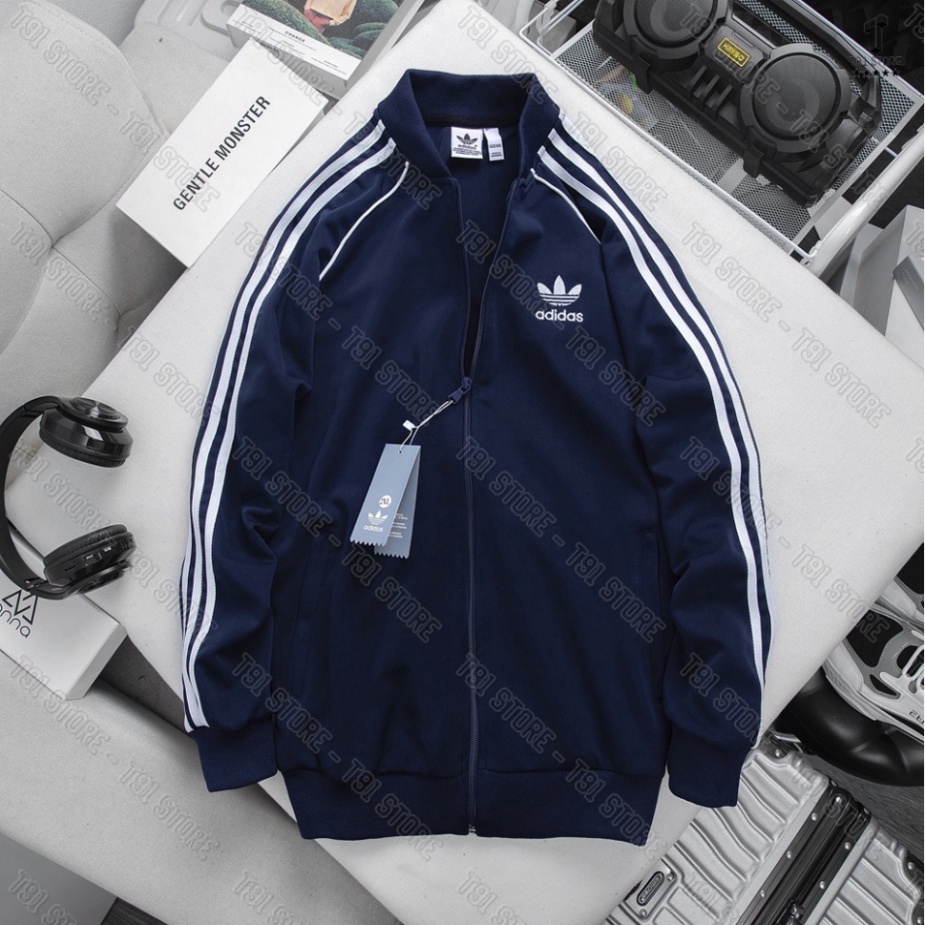 Áo Khoác Bomber Adidas 2 Lớp Thể Thao Nam Vải Thun Nỉ Dày Co Giãn Áo Khoác 3 Sọc kẻ Trắng Cực Hot 2023