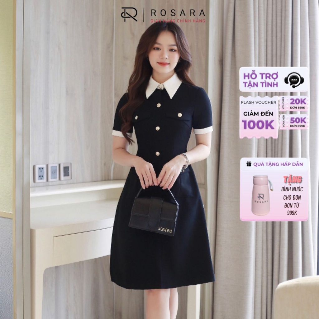Váy Đầm Đen Cộc Tay Cổ Sơ Mi Dáng Xòe Thời Trang Công Sở Nữ Rosara VA110