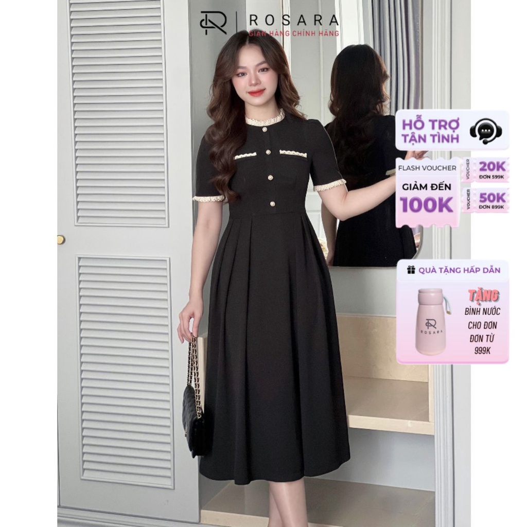 Váy Đầm Đen Cộc Tay Họa Tiết Viền Ren Cúc Ngọc Thời Trang Rosara VA114
