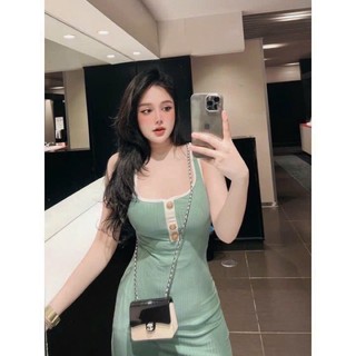 Đầm body maxi 2 dây viền trắng nút kiểu - S0L - quần áo mữ hottrend