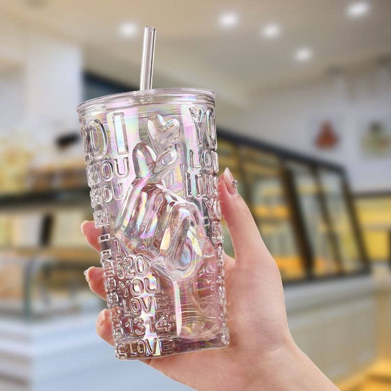 Cốc Nước  Cốc Thủy Tinh Có Nắp Và Ống Hút Hình Trái Tim Phong Cách ins