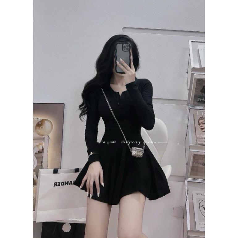 Đầm Xoè Dài Tay Hot Girl Chất Đẹp Tôn Dáng ❤ Váy Xoè Len Tăm Dễ Thương