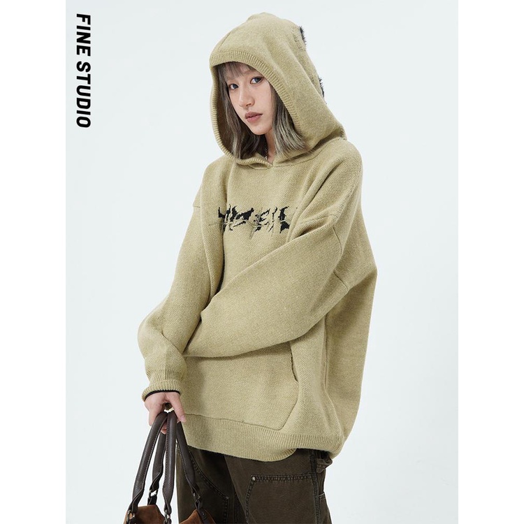 Fine studio Áo sweater Có Mũ Trùm Dáng Rộng Phong Cách Đường Phố Mỹ Thời Trang Thu Đông Dành Cho Nam Nữ