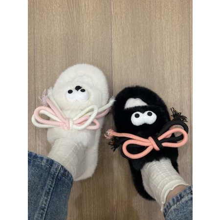 Dép Quai Ngang Vải satin Phối Lông Nhung Dày Dặn Dễ Thương Xinh Xắn