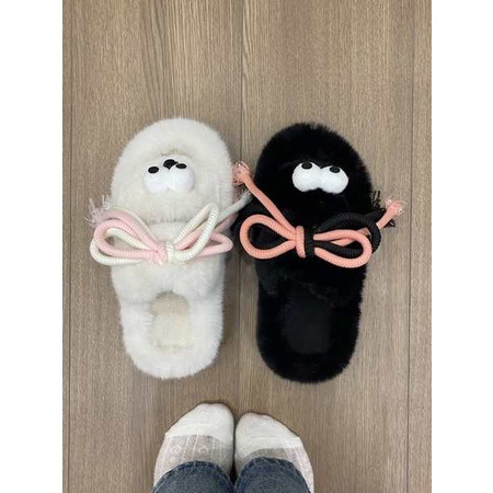 Dép Quai Ngang Vải satin Phối Lông Nhung Dày Dặn Dễ Thương Xinh Xắn