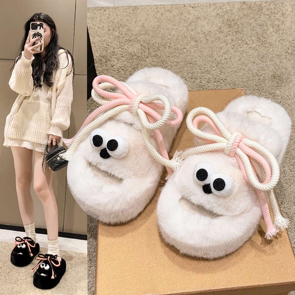 Dép Quai Ngang Vải satin Phối Lông Nhung Dày Dặn Dễ Thương Xinh Xắn