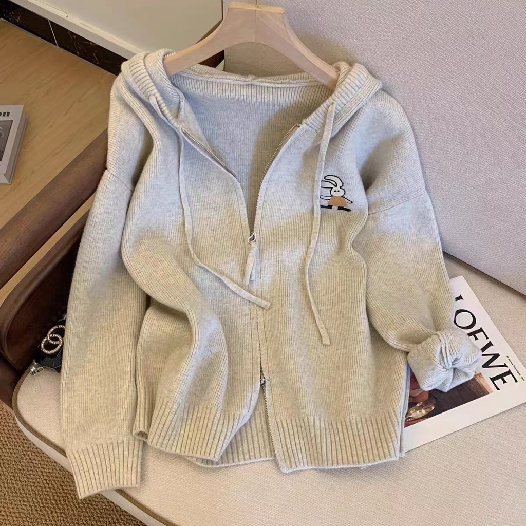 Áo Khoác cardigan Có Khóa Kéo Thêu Hình Thỏ Mới Cho Nữ