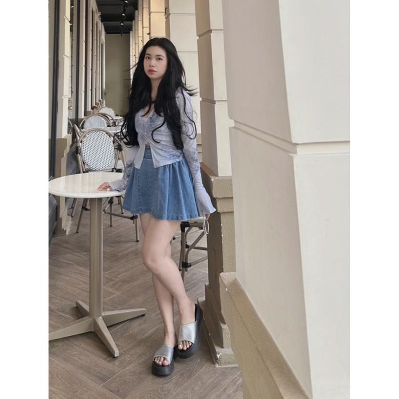 Set áo 2 dây bra phối áo voan loan màu kèm chân váy jeans xòe