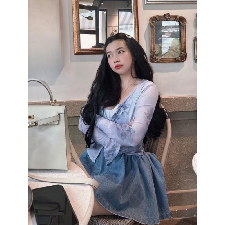 Set áo 2 dây bra phối áo voan loan màu kèm chân váy jeans xòe