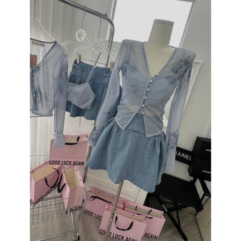 Set áo 2 dây bra phối áo voan loan màu kèm chân váy jeans xòe