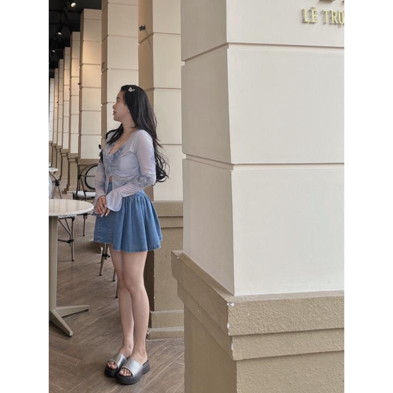 Set áo 2 dây bra phối áo voan loan màu kèm chân váy jeans xòe