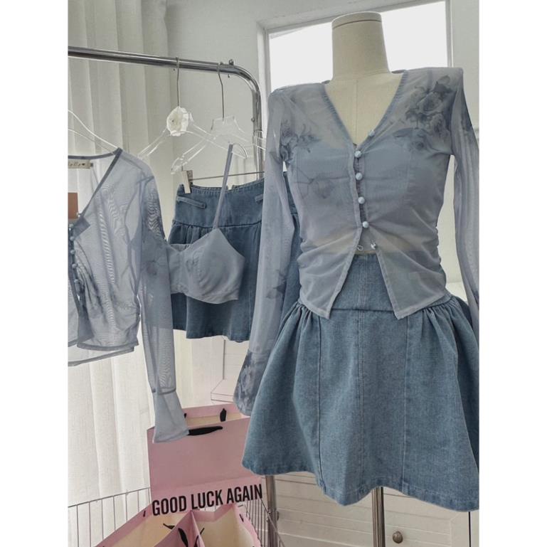 Set áo 2 dây bra phối áo voan loan màu kèm chân váy jeans xòe