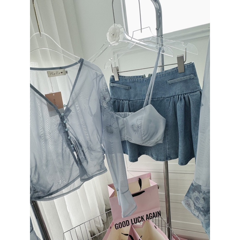 Set áo 2 dây bra phối áo voan loan màu kèm chân váy jeans xòe