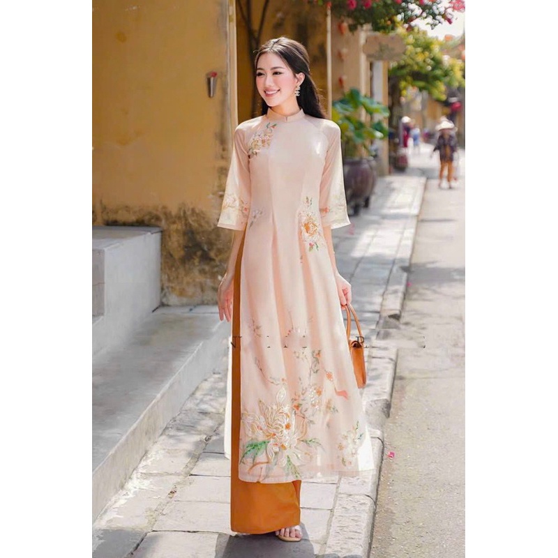 Áo dài cách tân 4 tà Khuê Cúc voan tơ mềm mại thêu đính kết thủ công