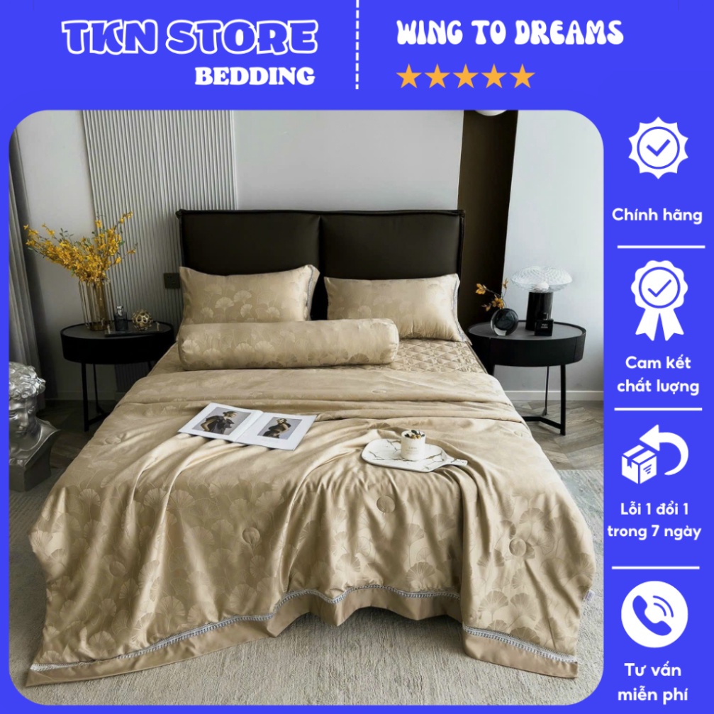 Bộ chăn ga gối Lụa Silk vân chìm chăn hè ga trần 5 món cao cấp , Chăn ga gối lụa 5D chất liệu lụa mề