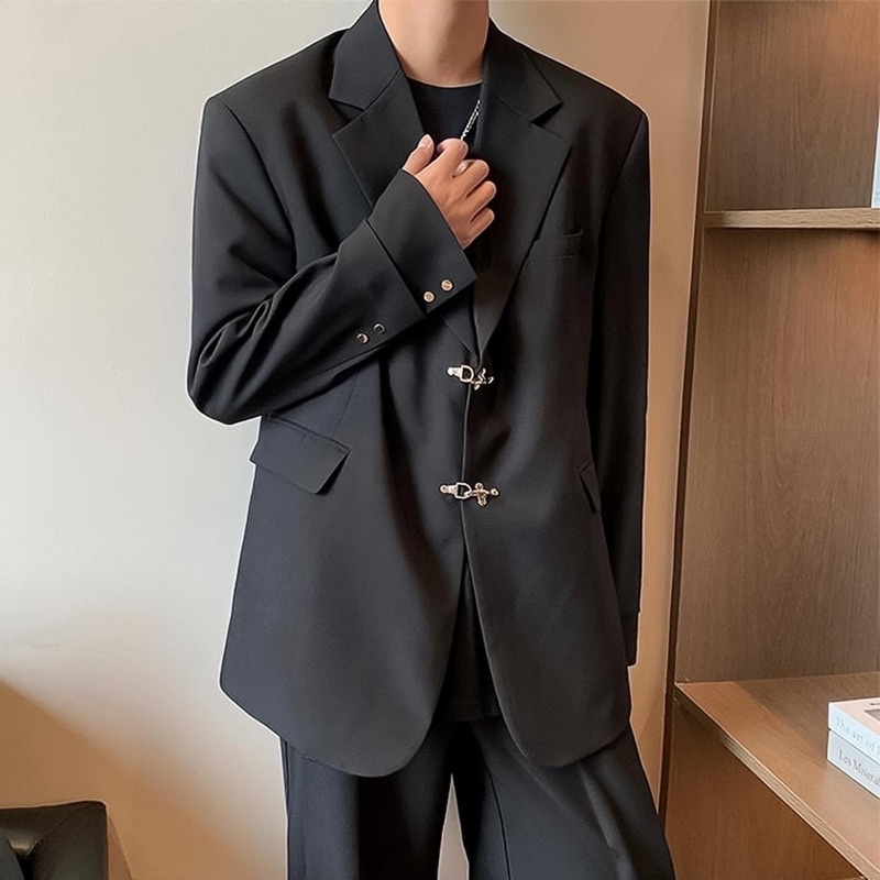 Áo Khoác Blazer Unisex Tay Nối Nút Cài-Black