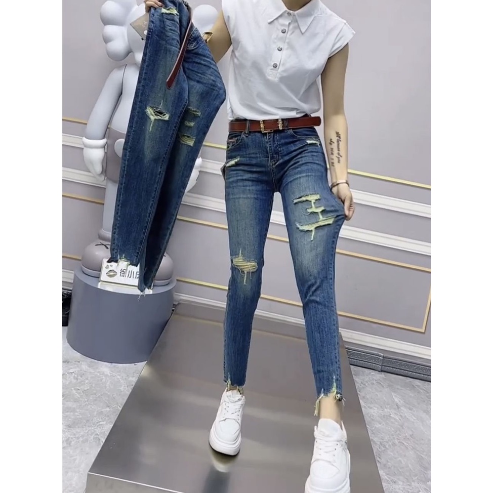 Quần Jean Dài Dáng Bút Chì Ôm Sát Co Giãn Phối Rách Thời Trang Mùa Thu Hàng Mới Dành Cho Bạn Nữ