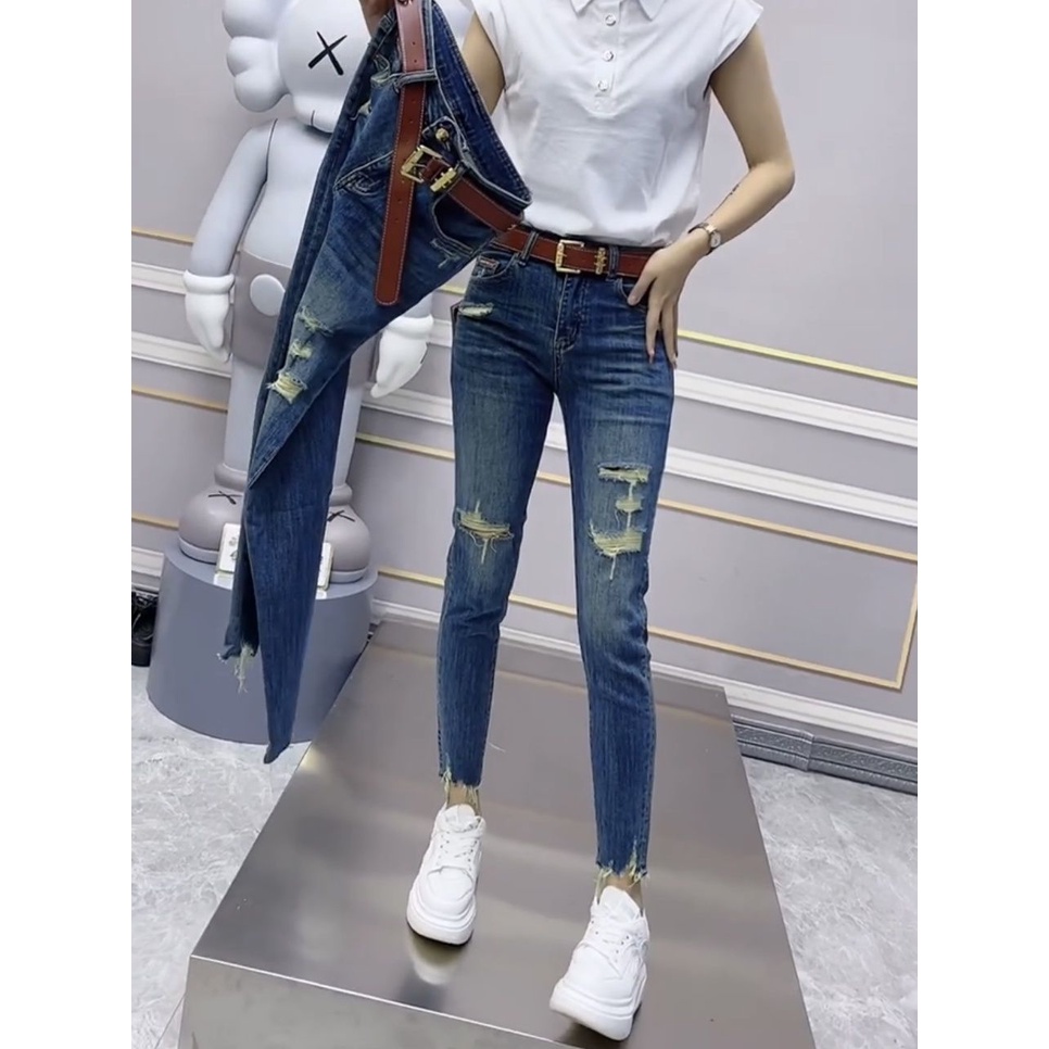 Quần Jean Dài Dáng Bút Chì Ôm Sát Co Giãn Phối Rách Thời Trang Mùa Thu Hàng Mới Dành Cho Bạn Nữ