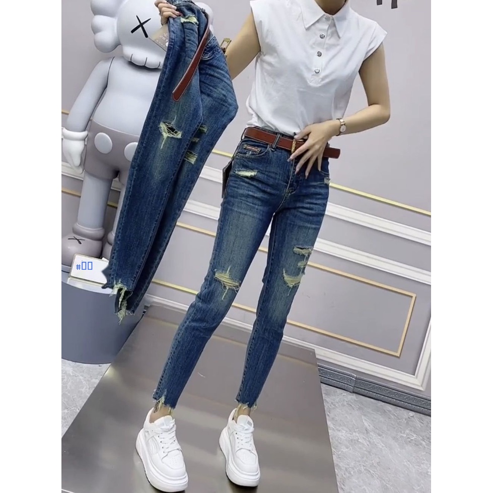 Quần Jean Dài Dáng Bút Chì Ôm Sát Co Giãn Phối Rách Thời Trang Mùa Thu Hàng Mới Dành Cho Bạn Nữ