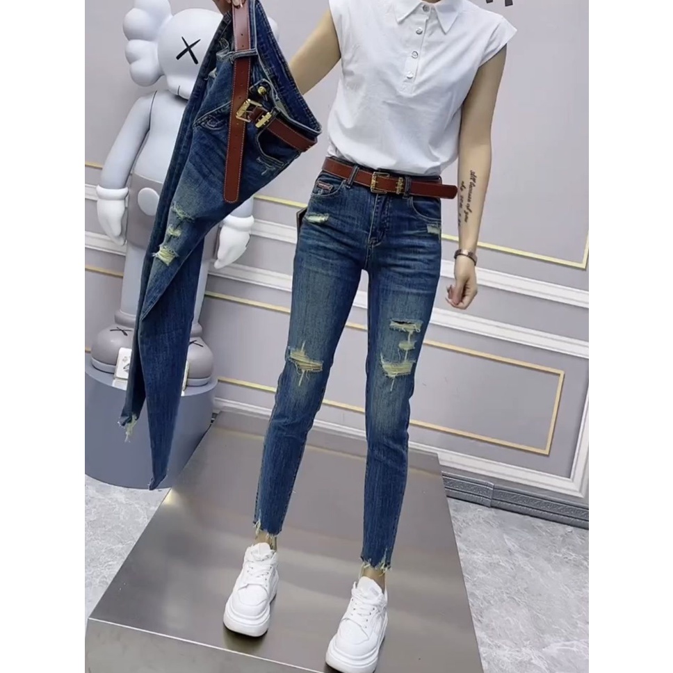 Quần Jean Dài Dáng Bút Chì Ôm Sát Co Giãn Phối Rách Thời Trang Mùa Thu Hàng Mới Dành Cho Bạn Nữ