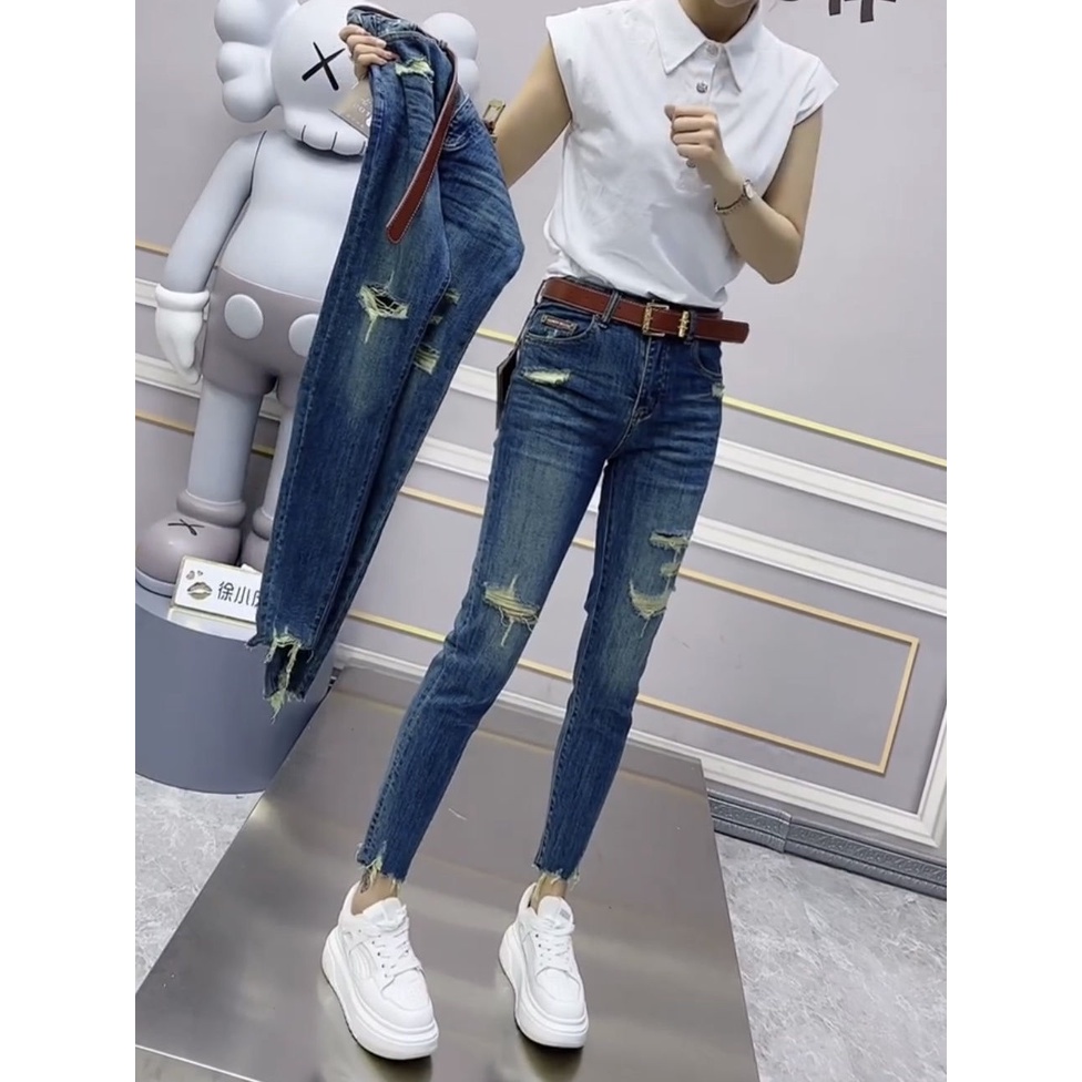 Quần Jean Dài Dáng Bút Chì Ôm Sát Co Giãn Phối Rách Thời Trang Mùa Thu Hàng Mới Dành Cho Bạn Nữ
