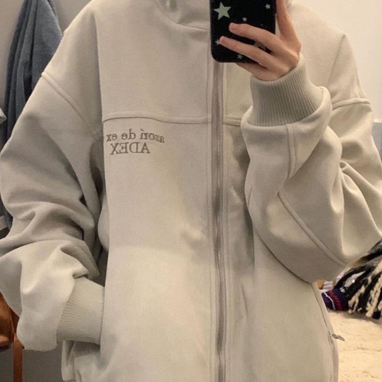 Áo khoác bóng chày nam nữ cổ đứng chất da lộn lót gió hoạ tiết thêu mùa thu áo khoác adex 2023