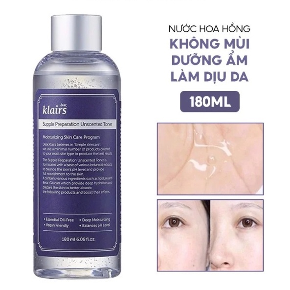 Nước Hoa Hồng Không Mùi Dưỡng Ẩm Da Và Làm Mềm Da Dear Klairs Supple Preparation Unscented Toner 180ml