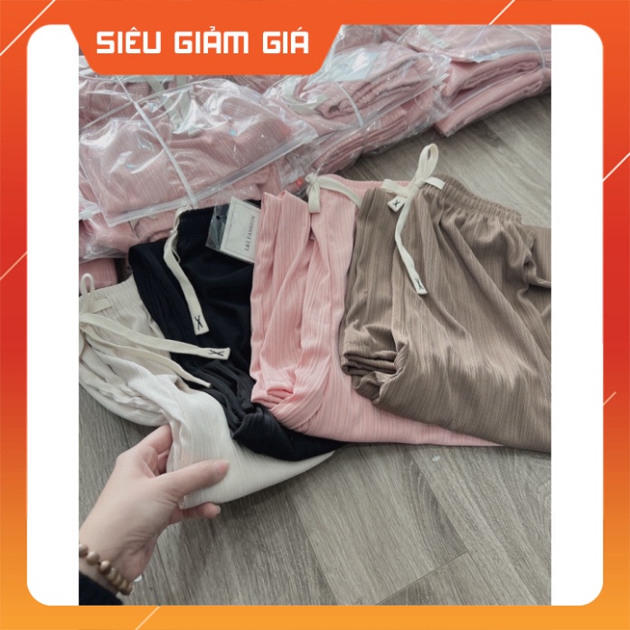 Quần ống rộng nữ vải tăm rủ  co giãn cạp chun lưng cao có dây rút