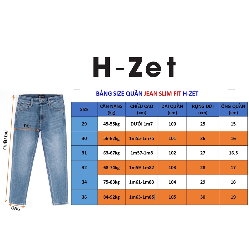 Quần Jean Nam Form SLIM FIT H-Zet, Chất Vải Denim Cao Cấp Co Giãn Tốt - BLUE WASH - JSLF01