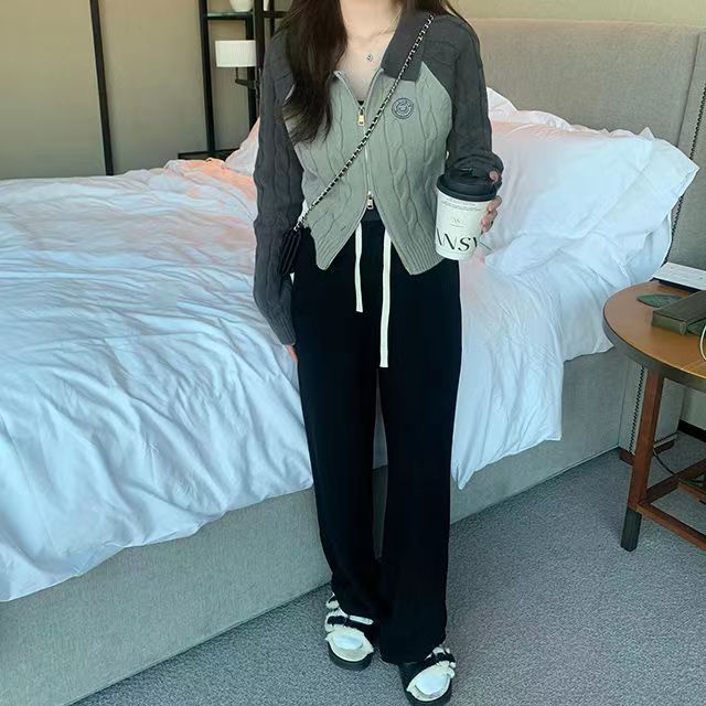 Áo Khoác cardigan Dệt Kim Màu Sắc Tương Phản Phối Khóa Kéo Đôi Thời Trang