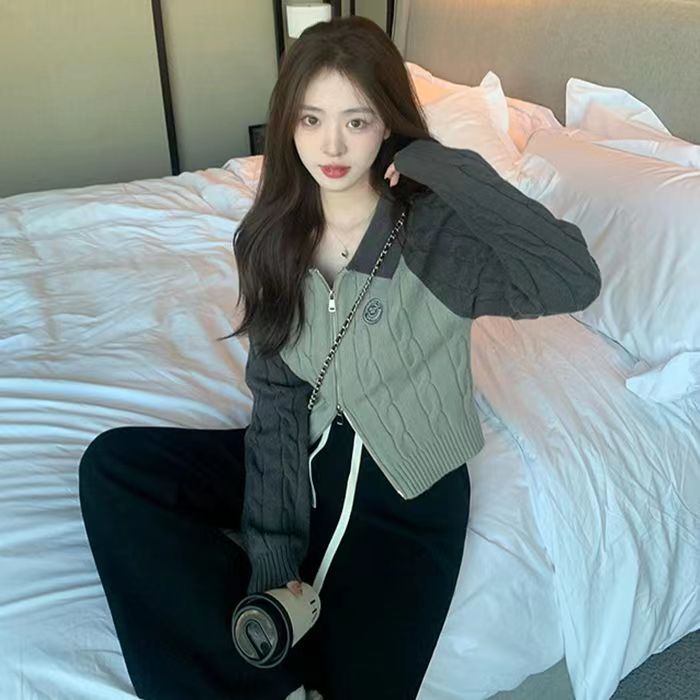 Áo Khoác cardigan Dệt Kim Màu Sắc Tương Phản Phối Khóa Kéo Đôi Thời Trang