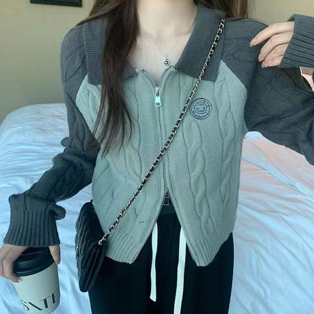 Áo Khoác cardigan Dệt Kim Màu Sắc Tương Phản Phối Khóa Kéo Đôi Thời Trang