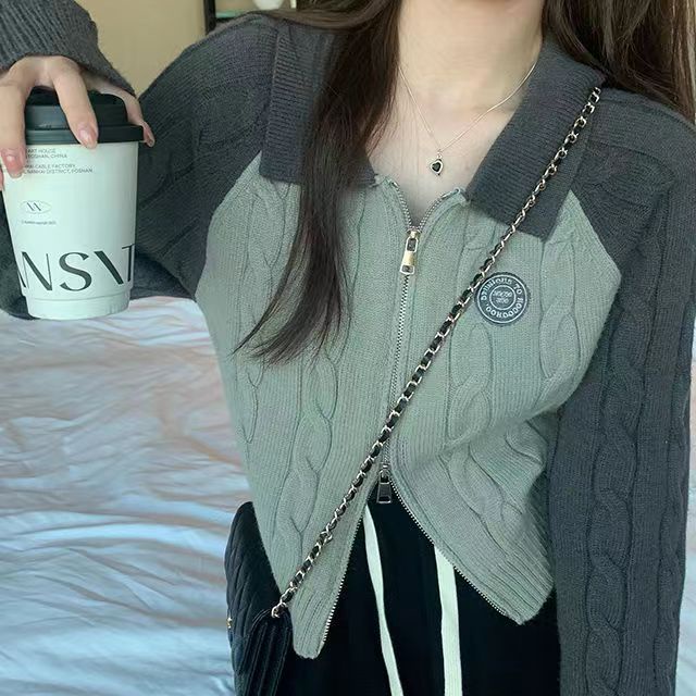 Áo Khoác cardigan Dệt Kim Màu Sắc Tương Phản Phối Khóa Kéo Đôi Thời Trang