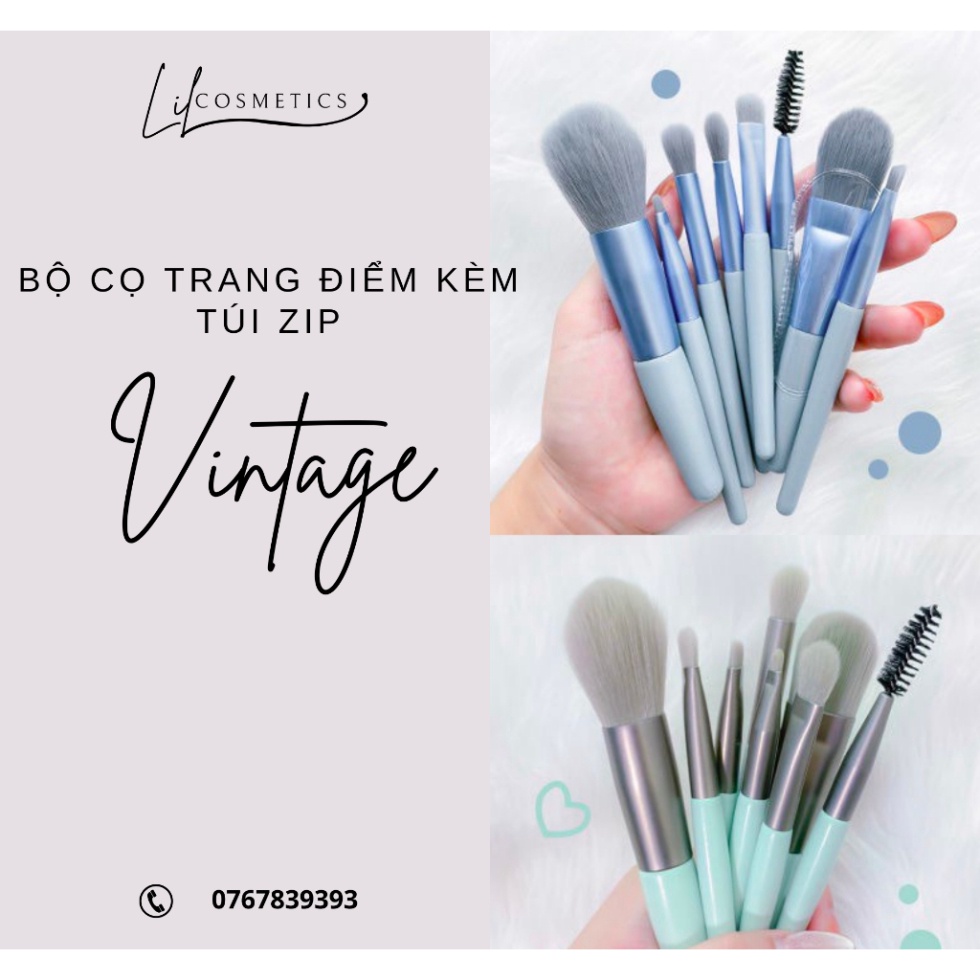 Bộ Cọ Trang Điểm 8 Cây Vintage Siêu Cute Trong Túi Zip nhiều màu