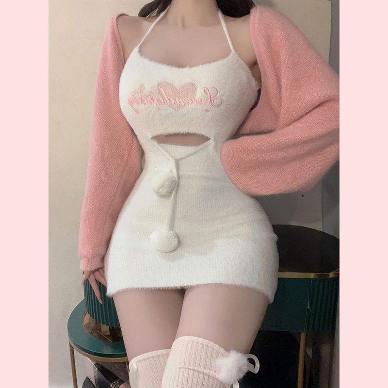 Bộ Áo cardigan Dệt Kim + Chân Váy Yếm Ngắn Thời Trang Dành Cho Nữ