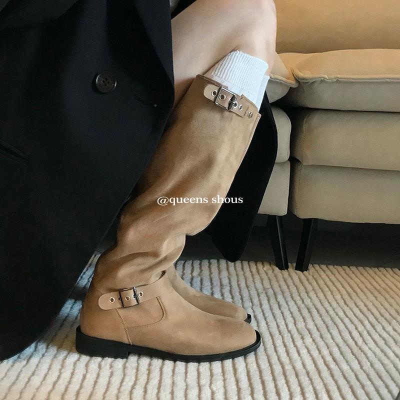 Giày Bốt Cao Bồi Cổ Cao Qua Gối Mũi Vuông Đế Dày Màu Nâu Phong Cách Cao Bồi Phương Tây Cho Nam